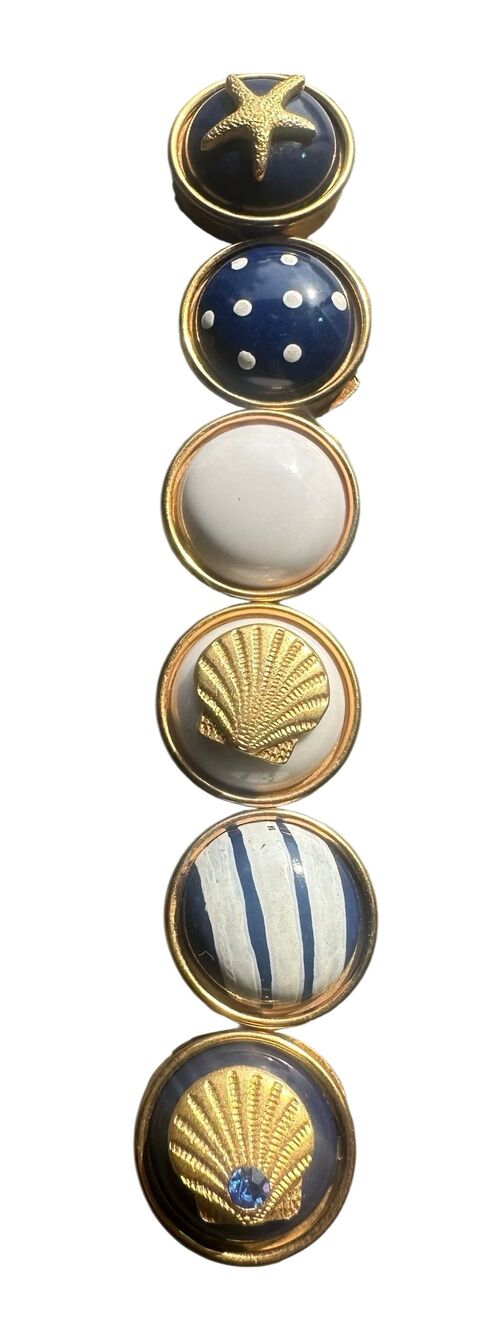 Vintage Set Of Six Blue/White Nautical Shell Gold Tone Button Covers Lot